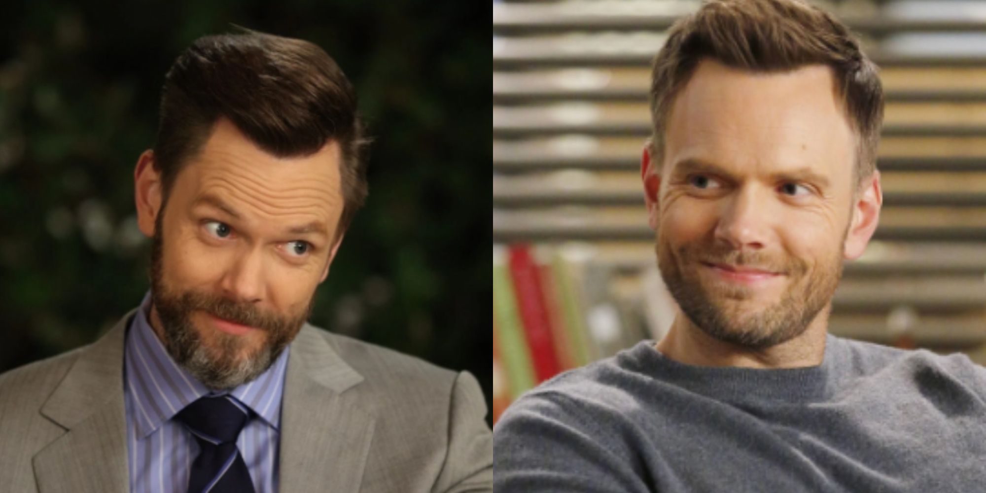 A split image of Joel McHale smiling in Community and Queenpins