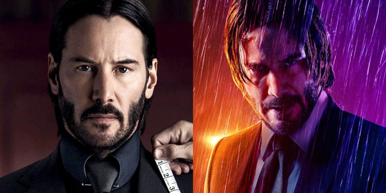 A split image of John Wick looking threatening in the movies