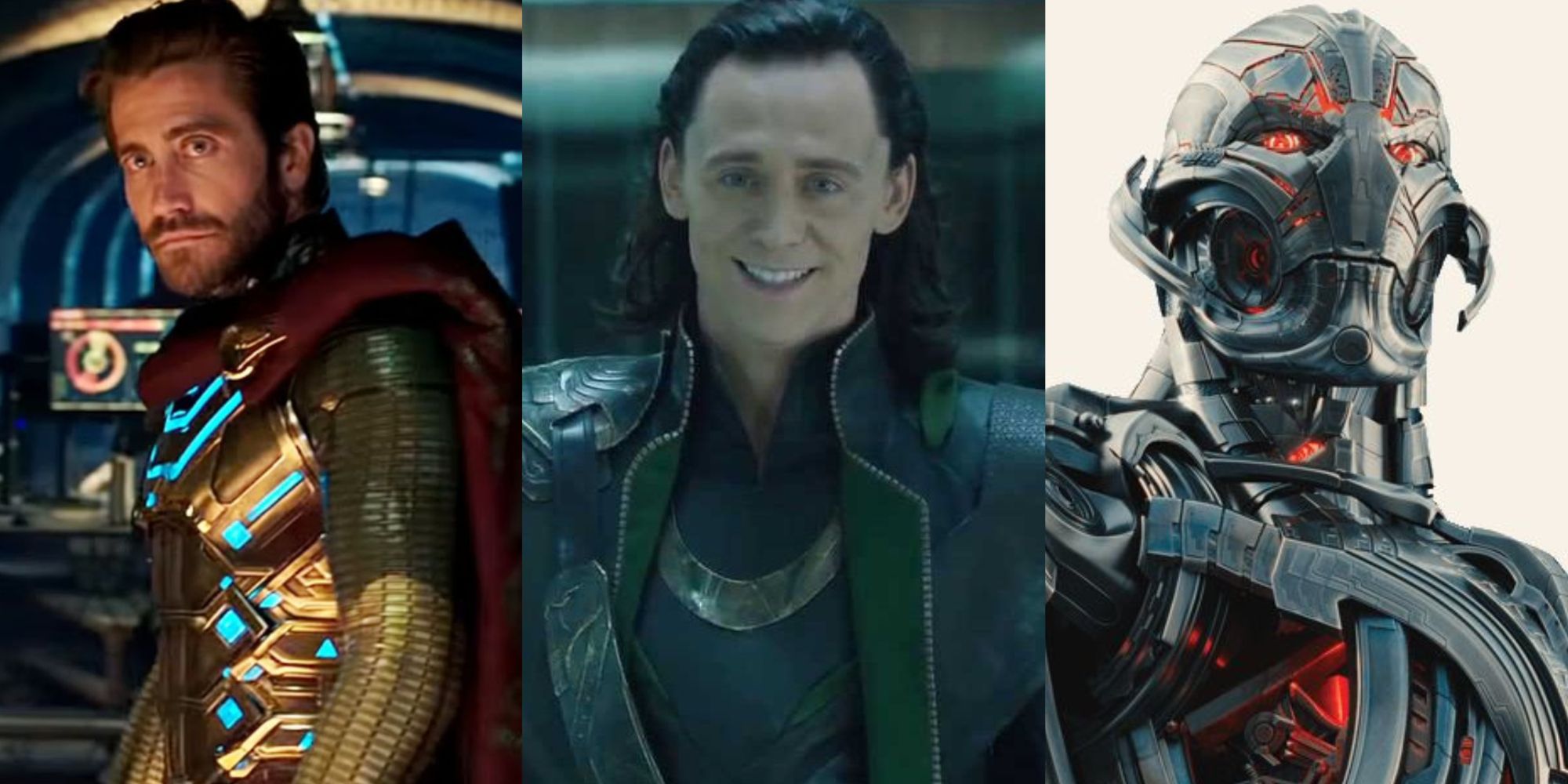 A split image of Mysterio Loki and Ultron