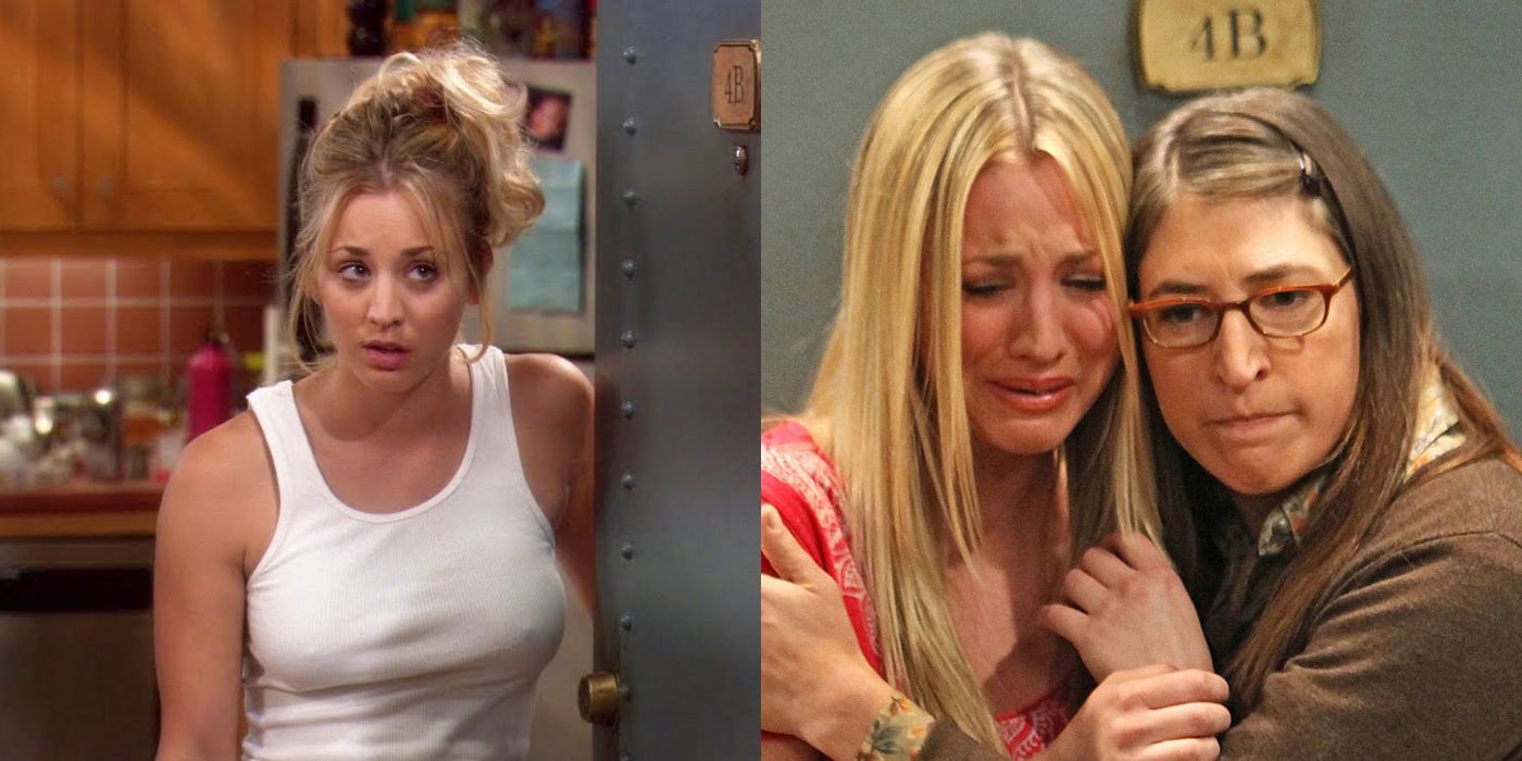 A split image of Penny and Amy hugging on TBBT