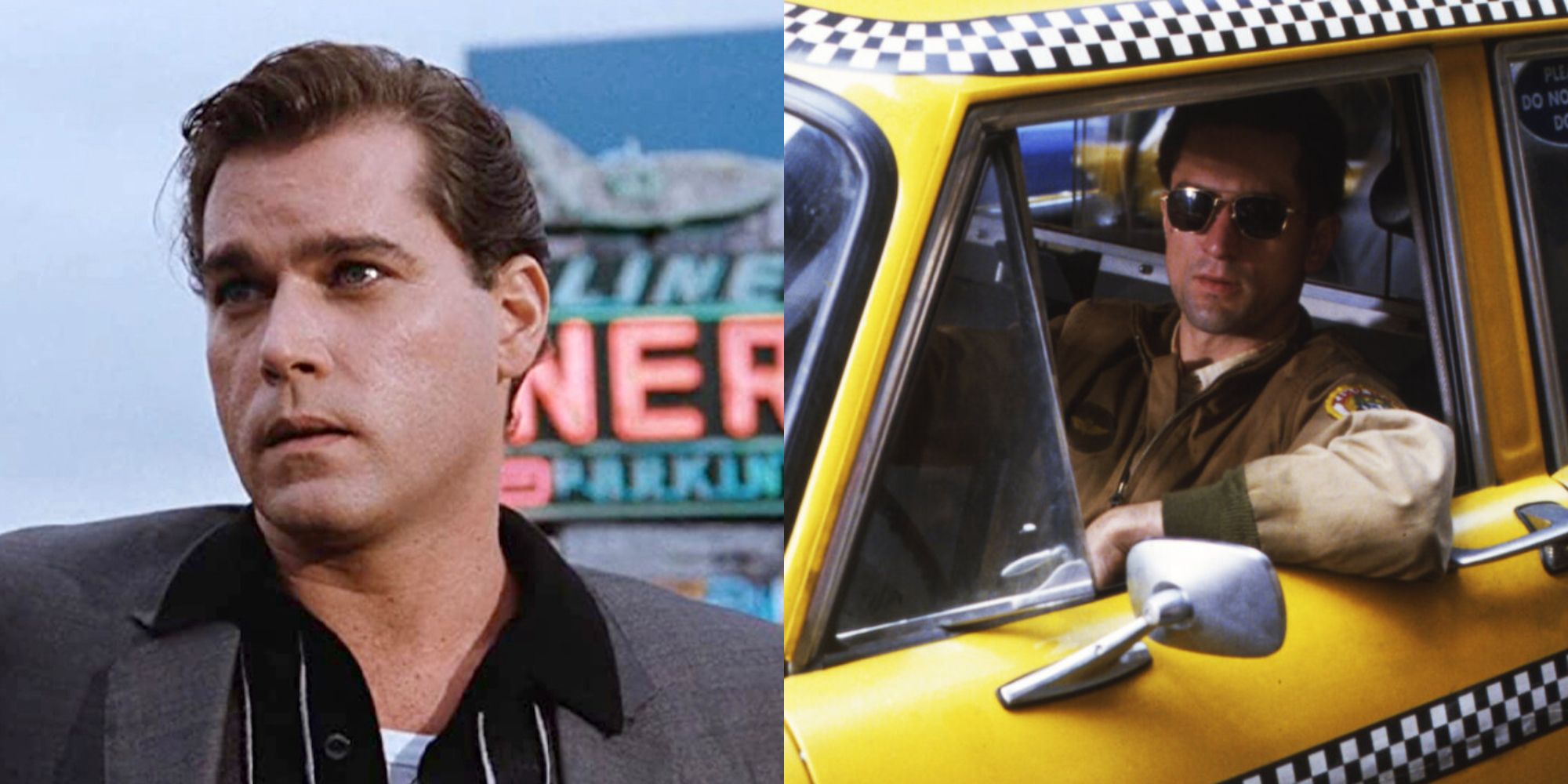 A split image of Ray Liotta looking at someone off-screen in Goodfellas and Robert DeNiro driving a cab in Taxi Driver