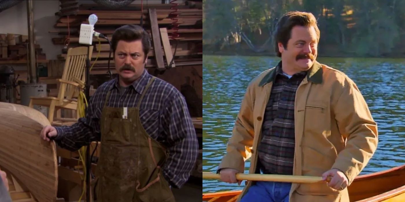 A split image of Ron Swanson woodworking and in the water in season 7 of Parks and Rec