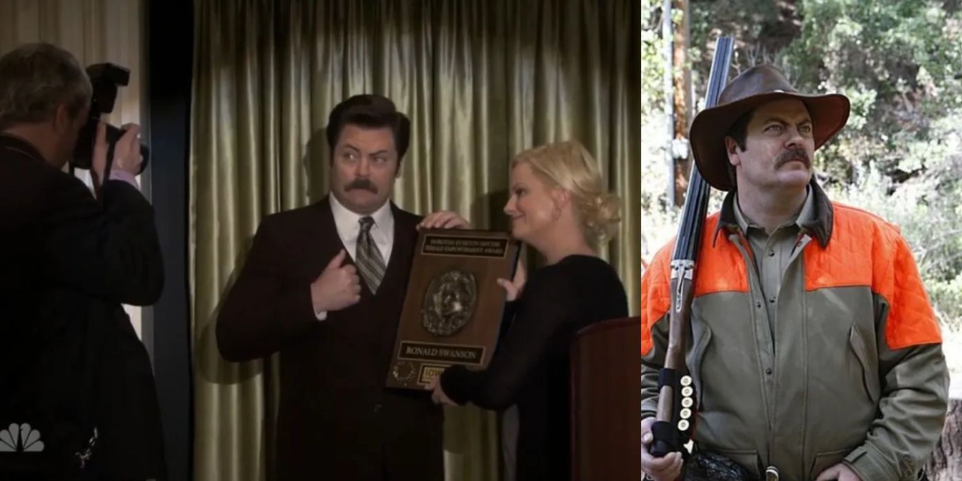 A split image of Ron accepting an award and posing with his gun on P&amp;R