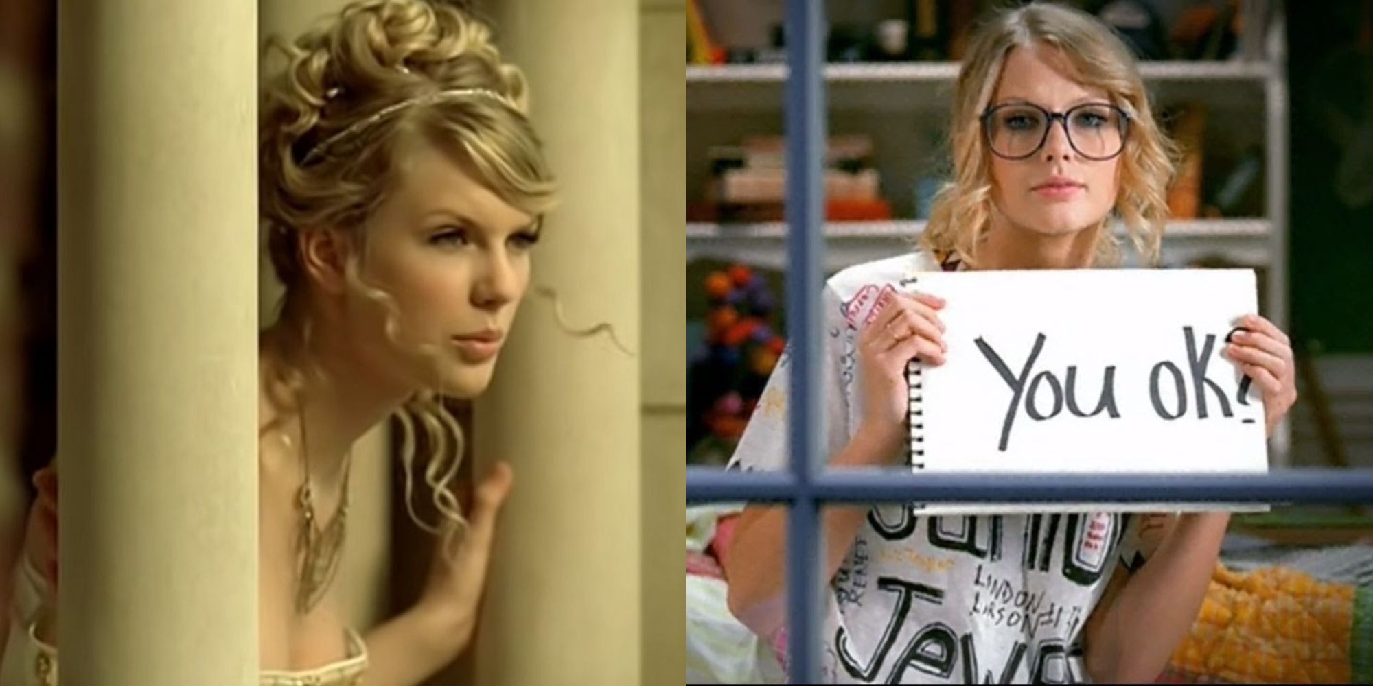 A split image of Taylor Swift in Love Story and her in You Belong With Me