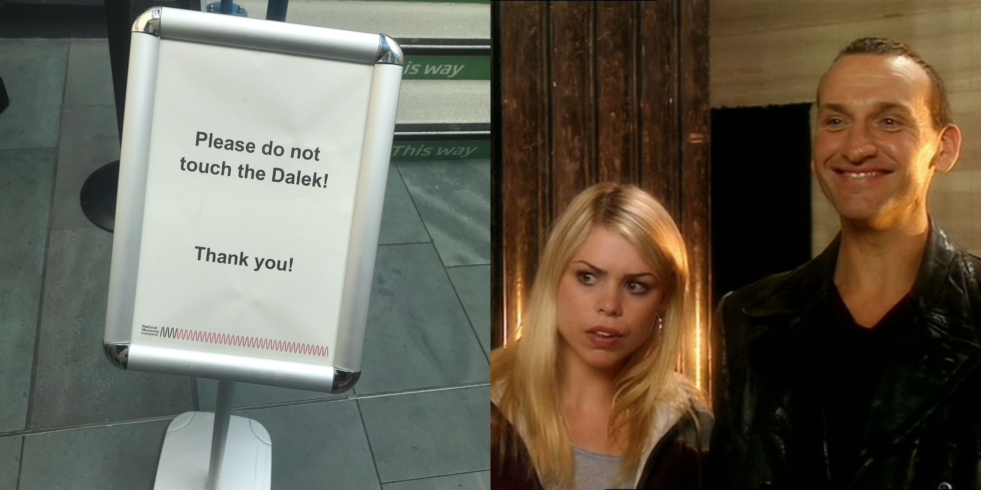 A split image of The Doctor and Rose and a sign in Doctor Who