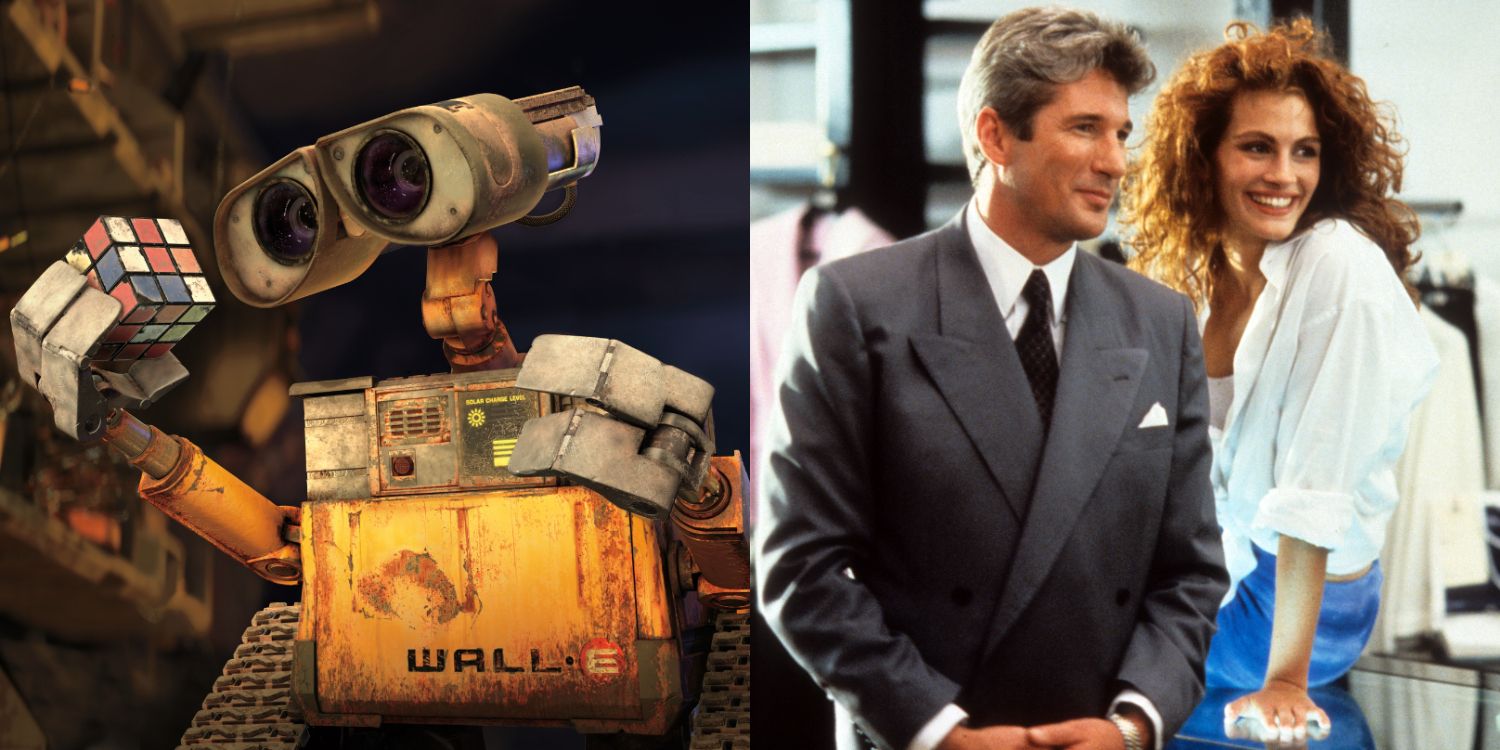 A split image of Wall-E holding a cube and Richard Gere and Julia Roberts in Pretty Woman