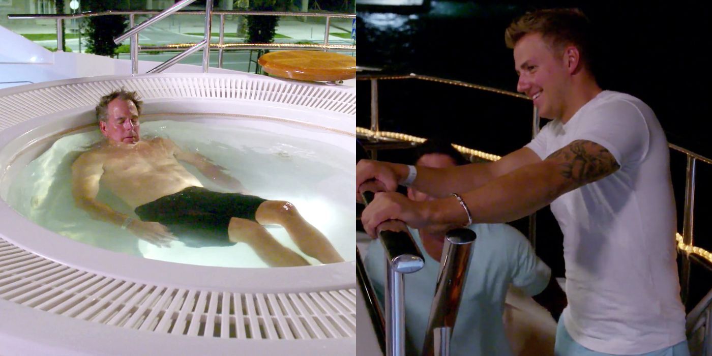 A split image of a guest asleep in the hot tub while Max watches and giggles on Below Deck Med
