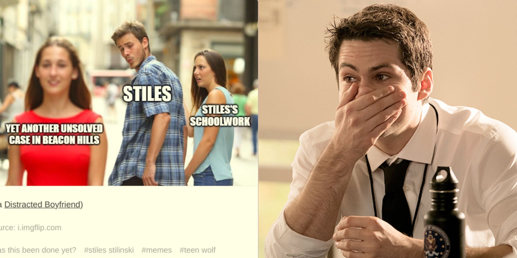 A split image of a man looking at another person and Stiles covering his mouth in shock in Teen Wolf