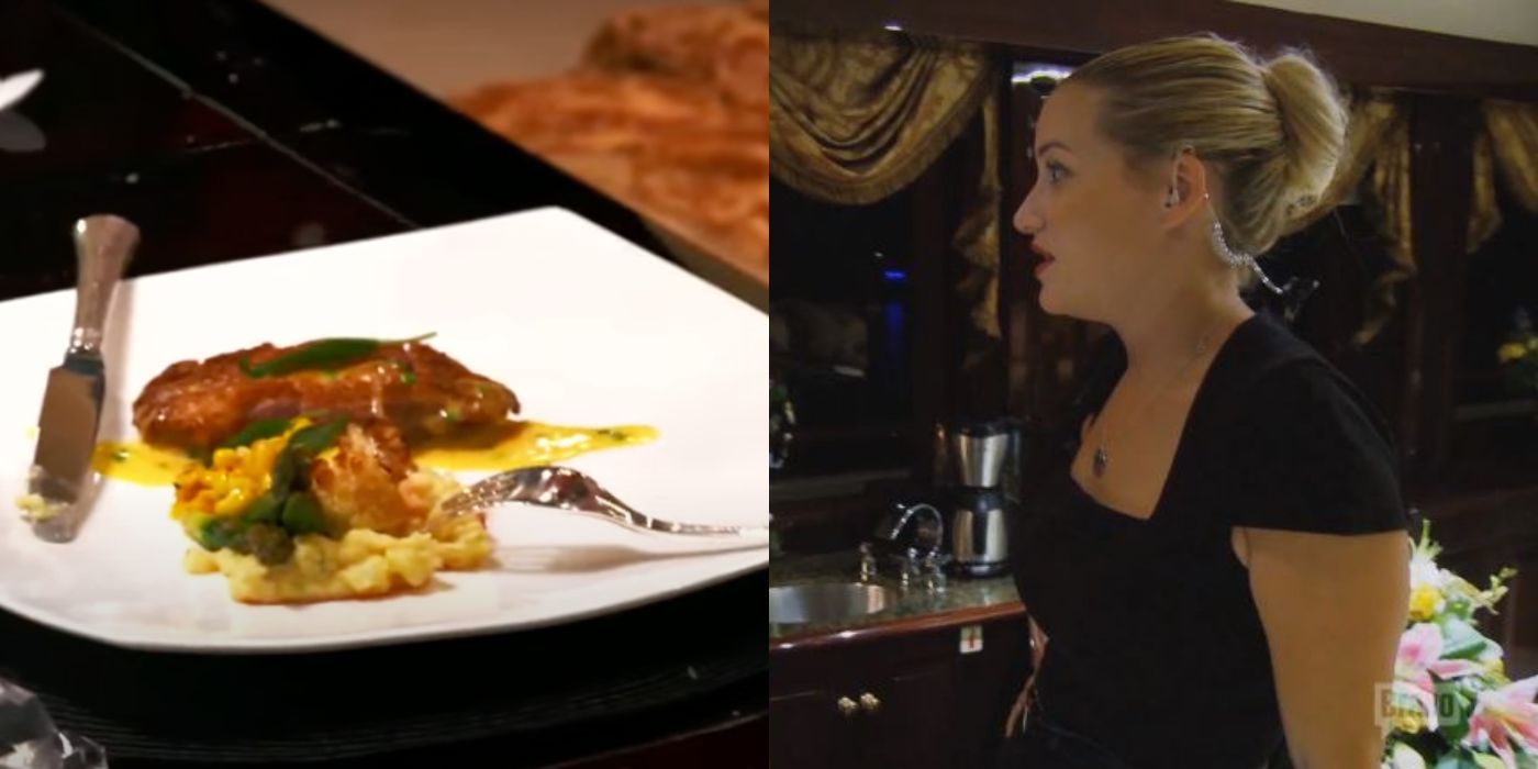 A split image of a plate of food and Hannah looking bothered on Below Deck Med