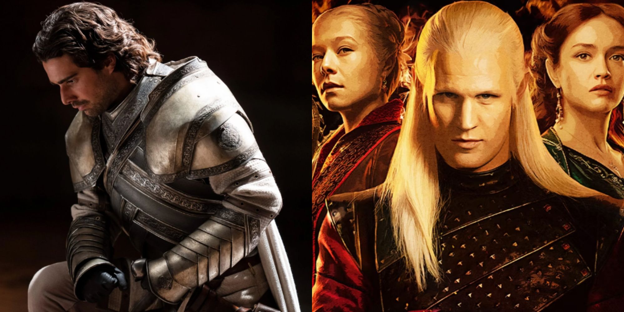 A split image of the cast of Daemon, Alicent, and Rhaenyra standing together and Ser Criston kneeling