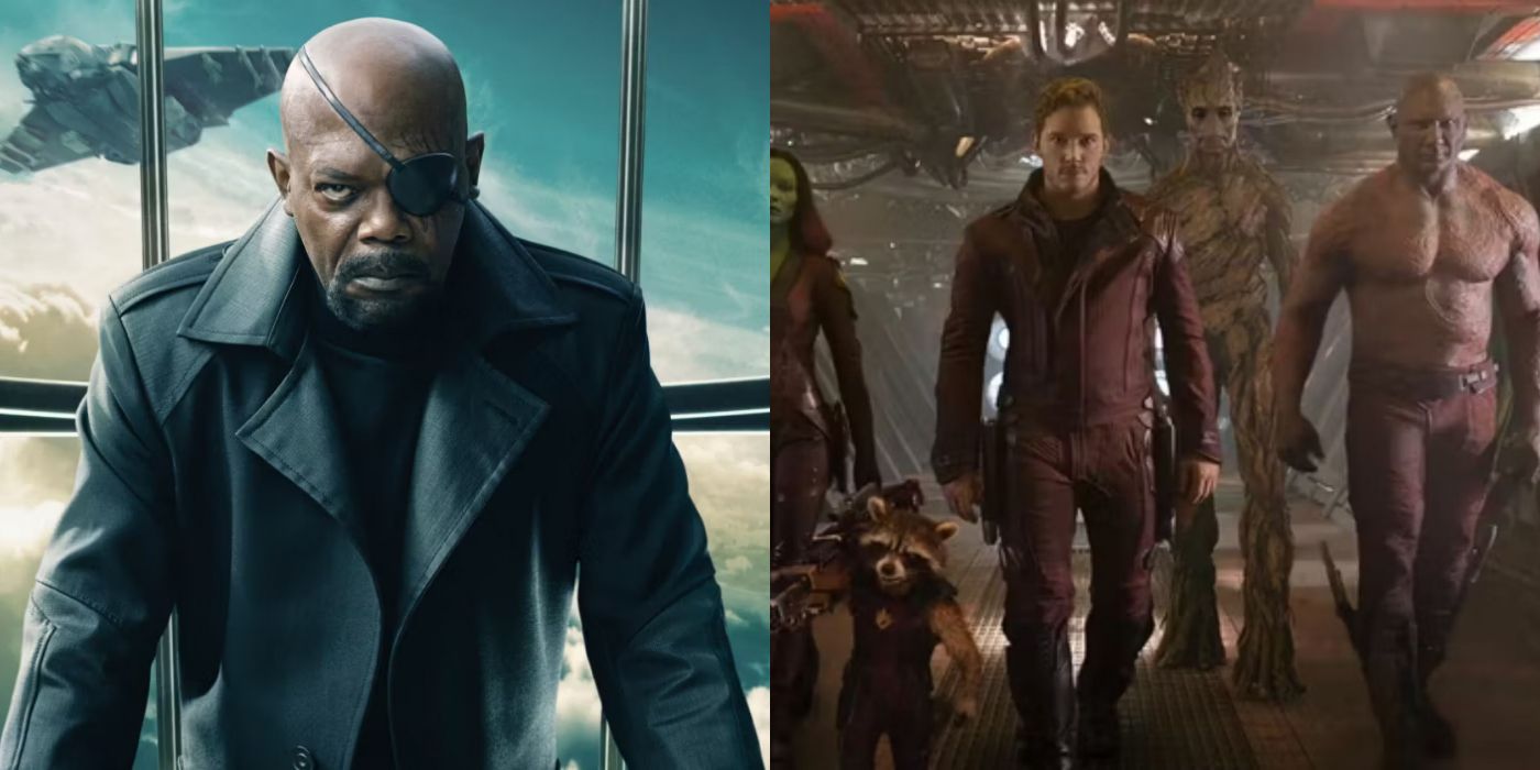 A split screen of Nick Fury and the Guardians of the Galaxy