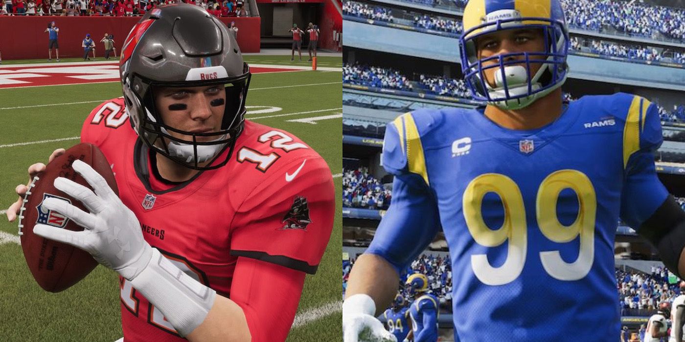 A split screen of Tom Brady and Aaron Donald