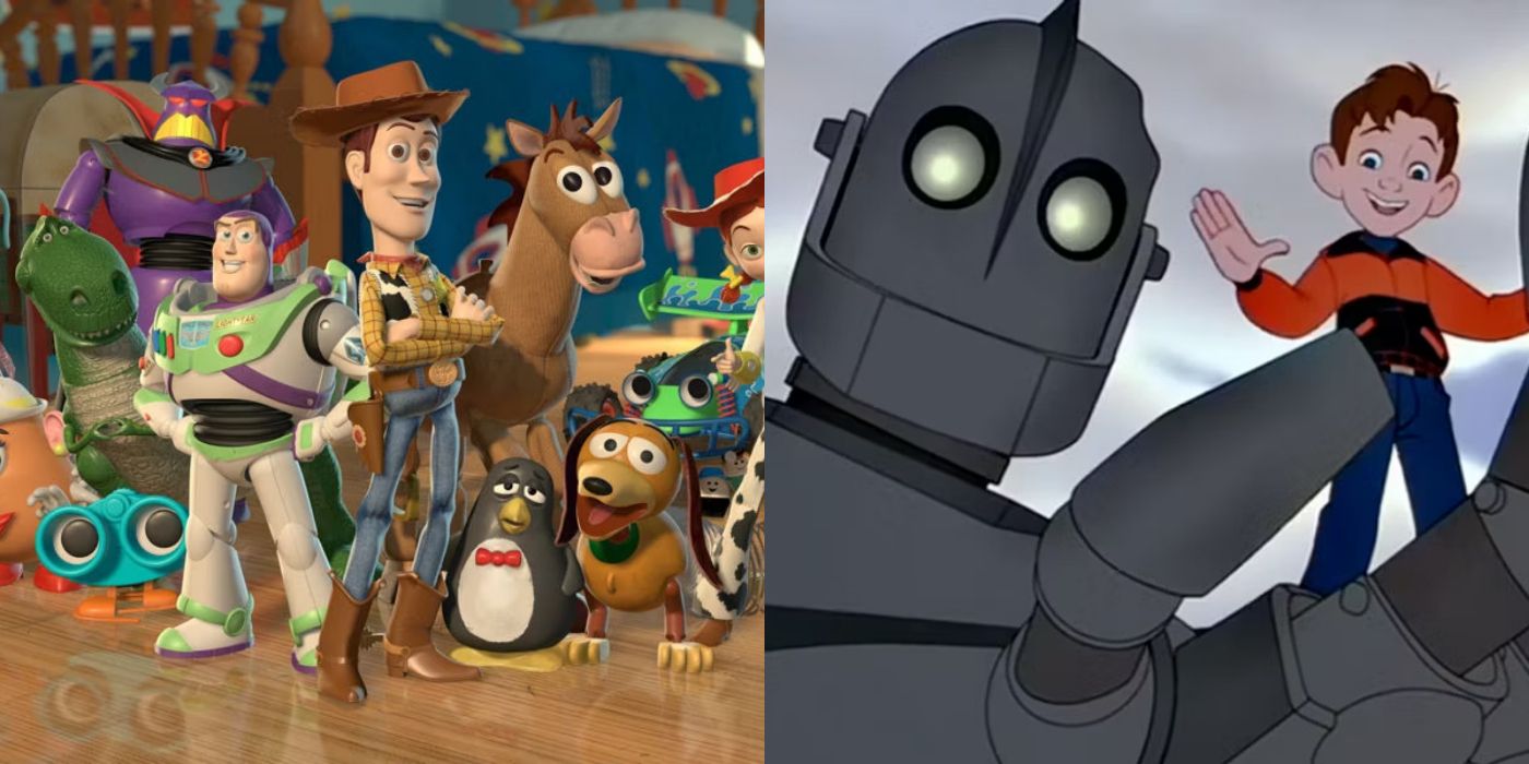 A split screen of Toy Story and The Iron Giant