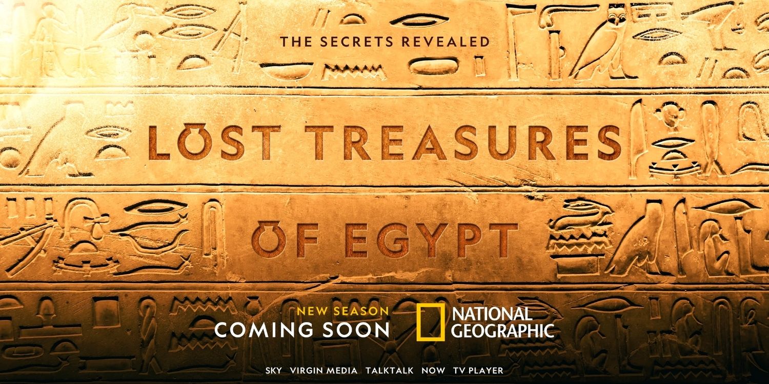 A teaser image for The Lost Treasures of Egypt with a hieroglyphic wall