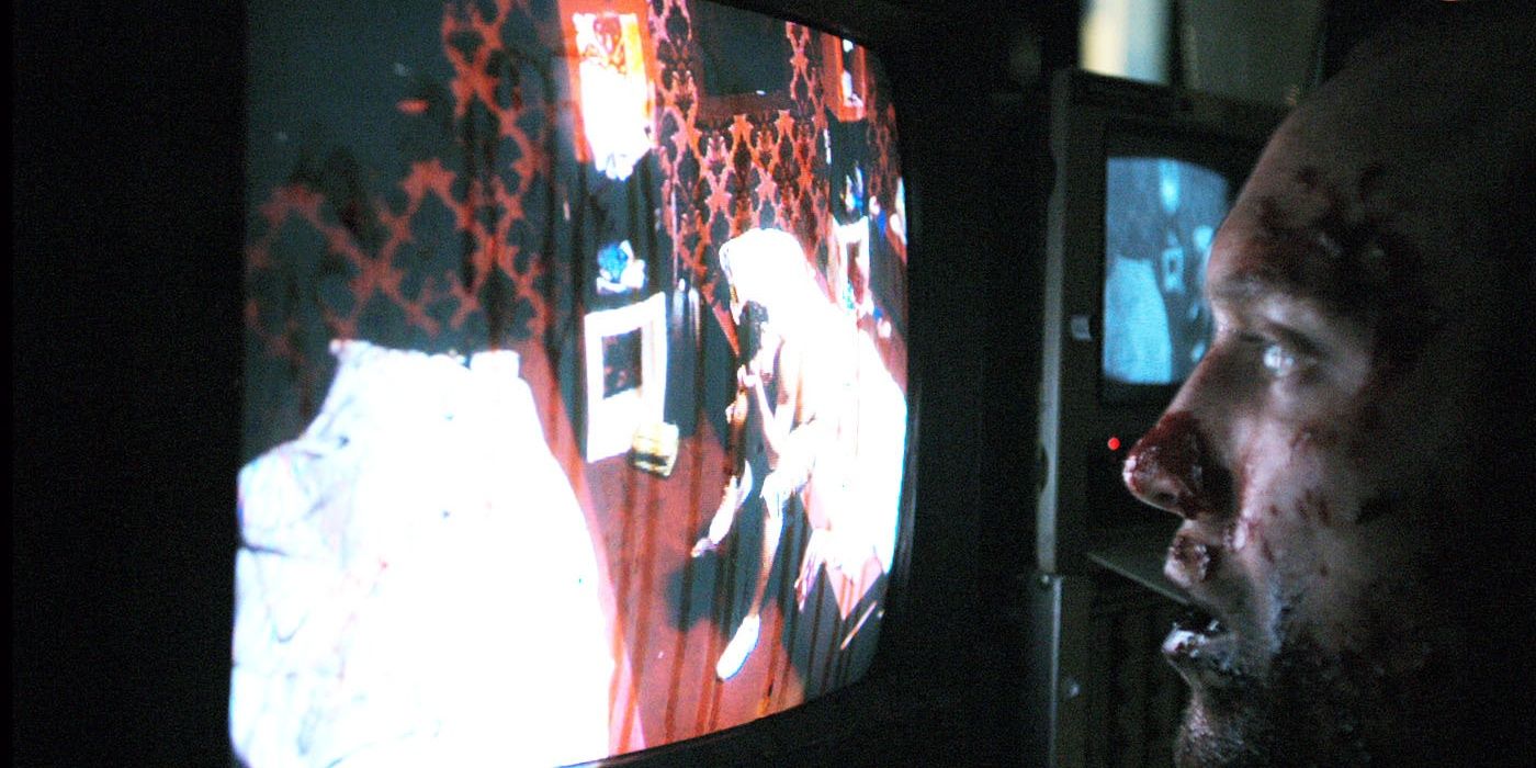 A zombie looking at a TV set in Dead Set Cropped