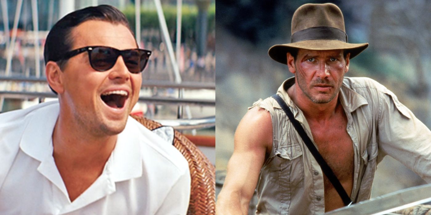 Split image showing Leonardo DiCaprio in Wolf of Wall Street and Harrison Ford in Raiders of The Lost Ark