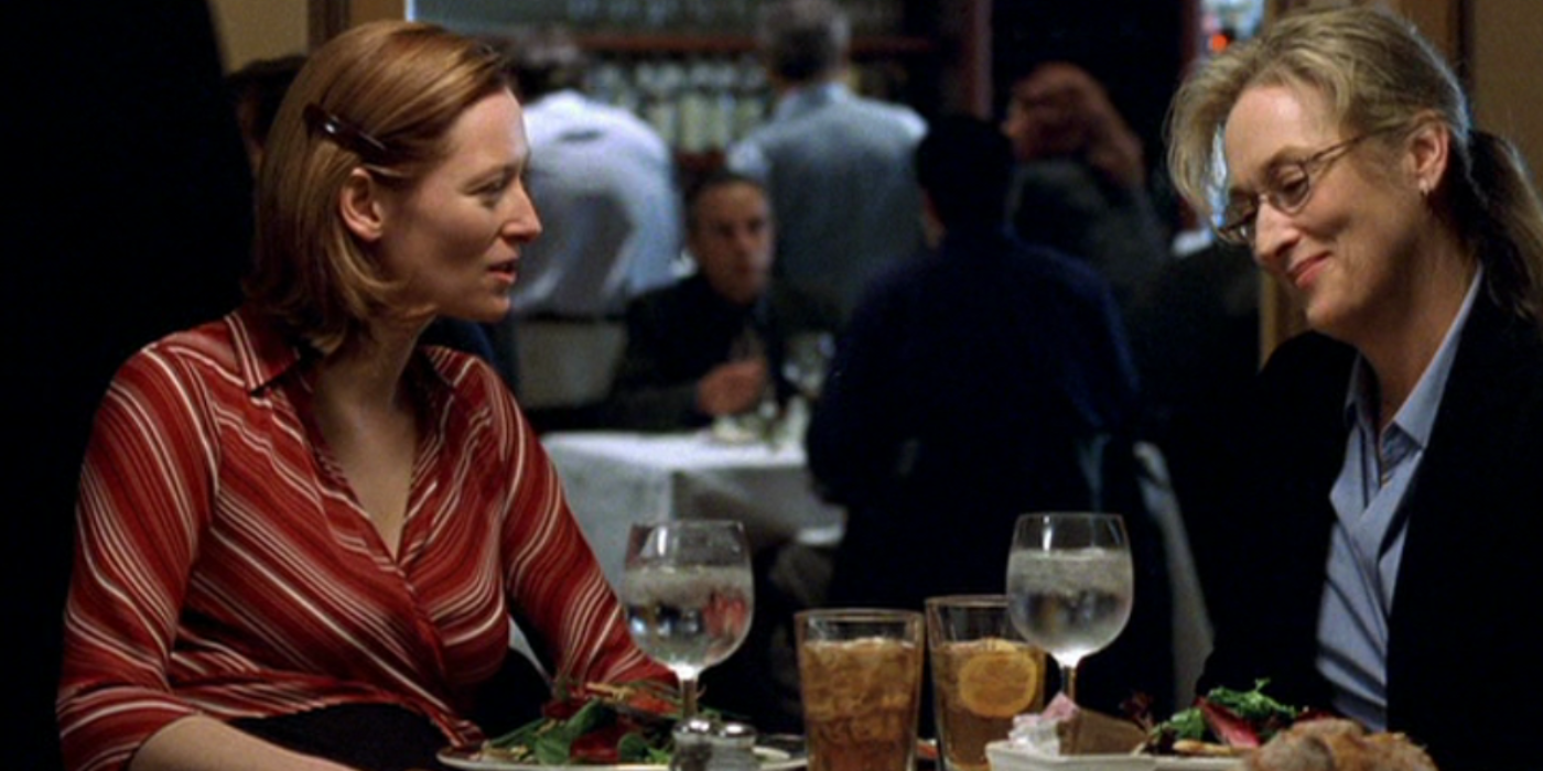 Tilda Swinton and Meryl Streep having dinner in Adaptation