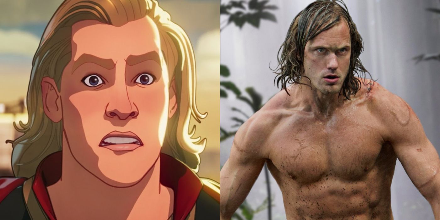 Split image of Thor in What If? and Alexander Skarsgard in Tarzan
