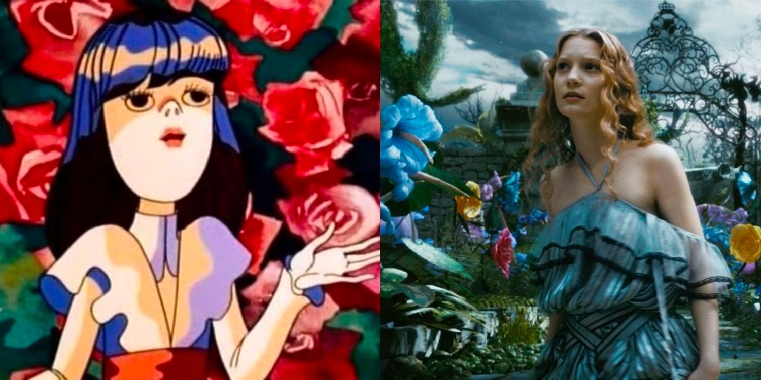 Alice in front of rose in the Soviet Alice In Wonderland (1981) and Alice in a blue dress looking confused