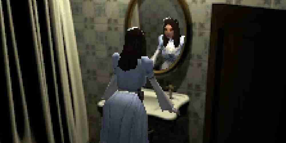 Alisa stares at herself in the mirror in her self titled Resident Evil inspired game.