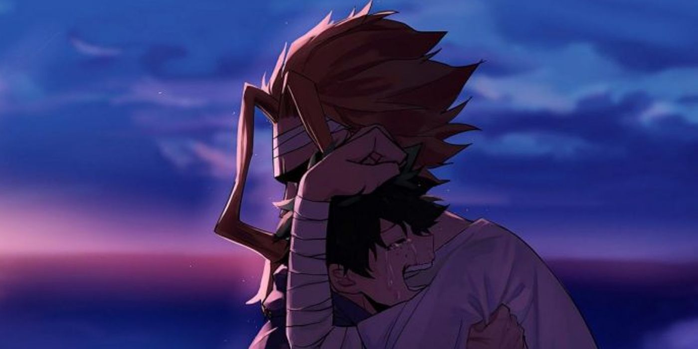 All Might holding a crying Deku in My Hero Academia