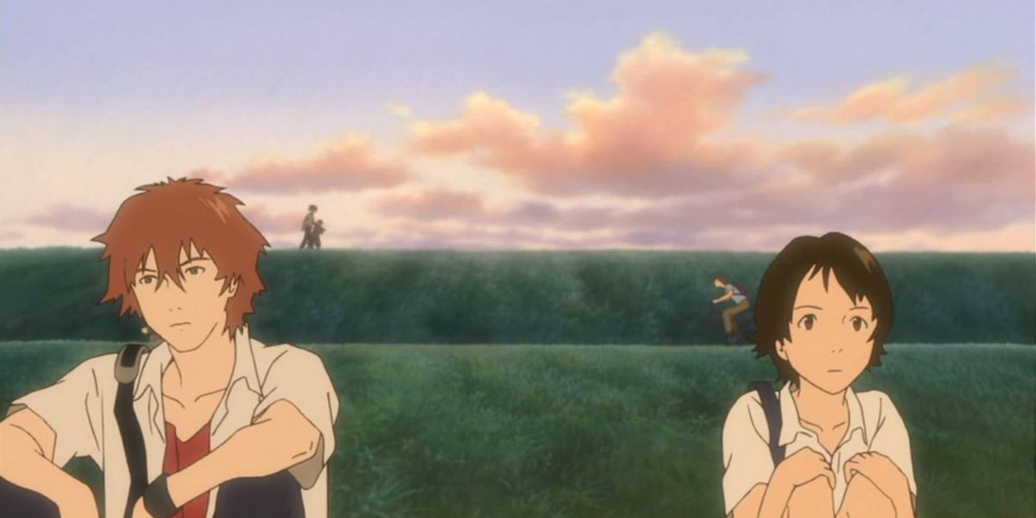 An image of Mirai and another character sitting on a grassy hill in The Girl Who Leapt Through Time