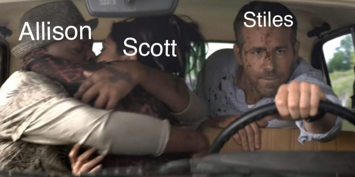 An image of Ryan Reynolds driving a car while Samuel L. Jackson and Salma Hayek kiss next to him