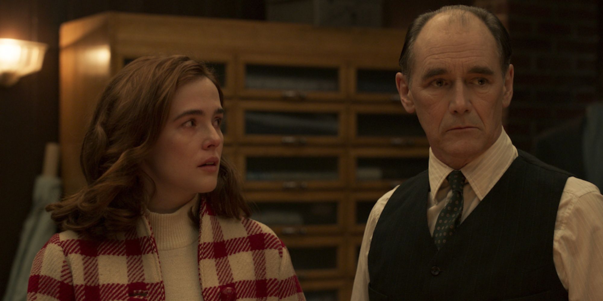 An image of Zoey Deutch and Mark Rylance in The Outfit