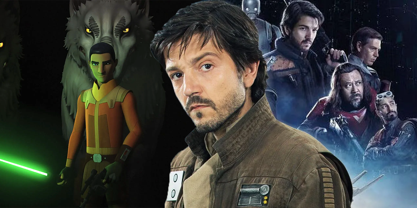Diego Luna as Cassian Andor on a background of Rogue One poster and Ezra Bridger from Star Wars Rebels