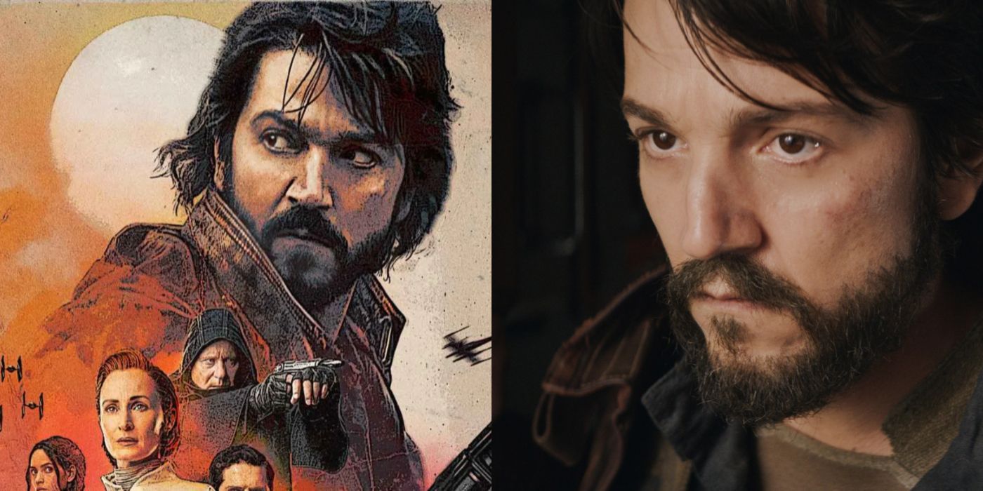 Split image of Andor promo art with a collage of the main cast and the titular Rebel spy.