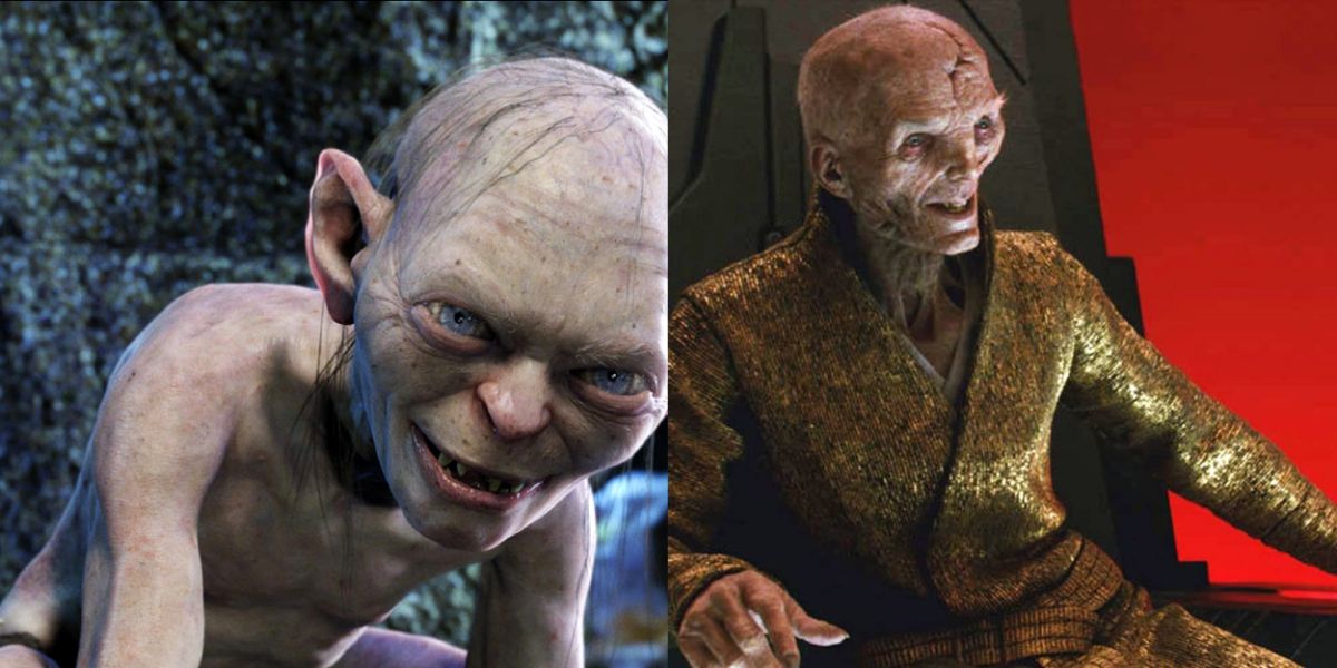 Split image of Andy Serkis in The Lord of the Rings and Star Wars