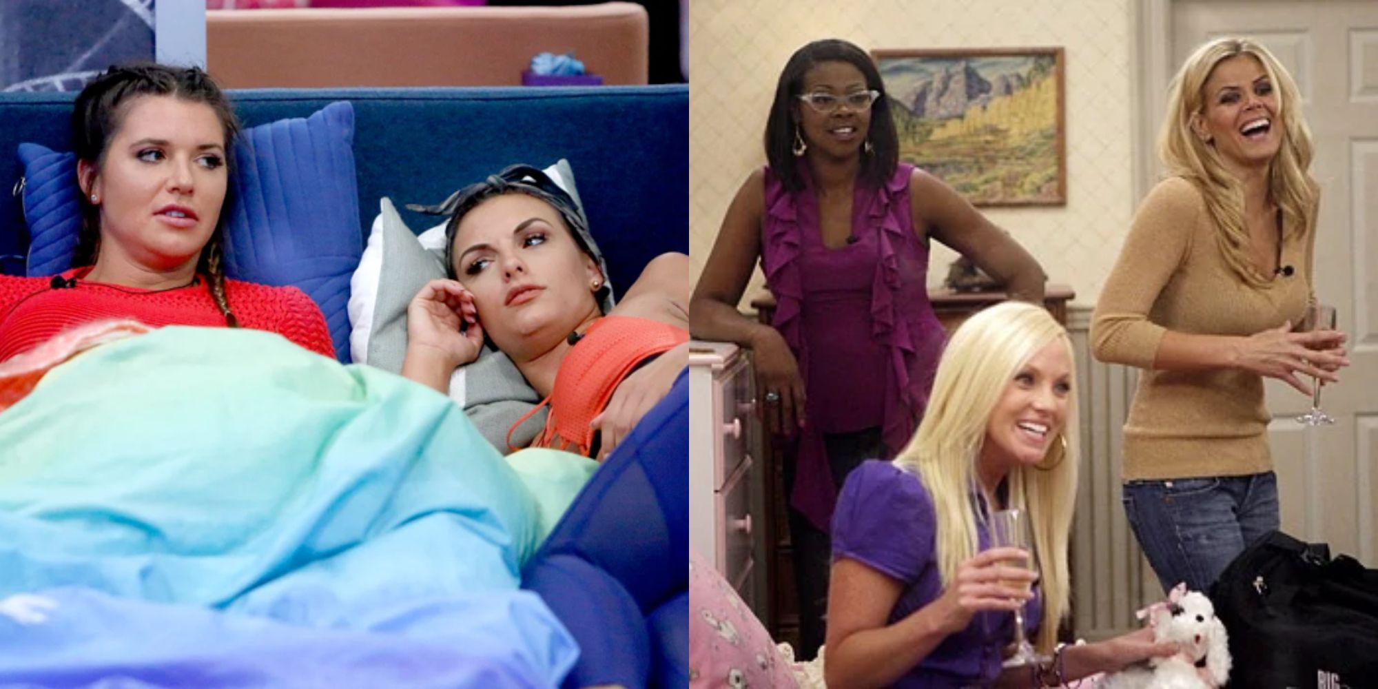 Split image showing Angela & Rachel and the Coven in Big Brother