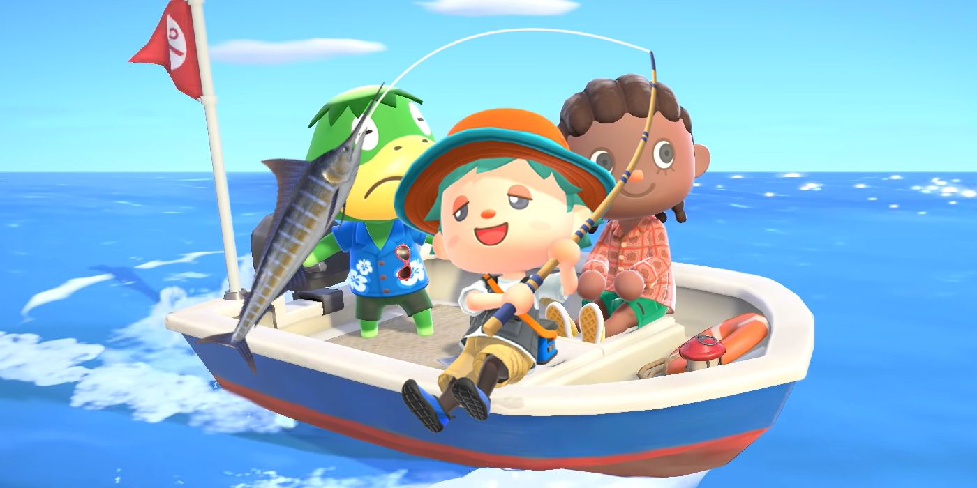 Um jogador pesca um peixe enquanto pesca em alto mar em Animal Crossing New Horizons 
