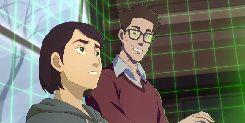 An image of Maddie looking up whiler her father, David, smiles at her in the animated show, Pantheon.