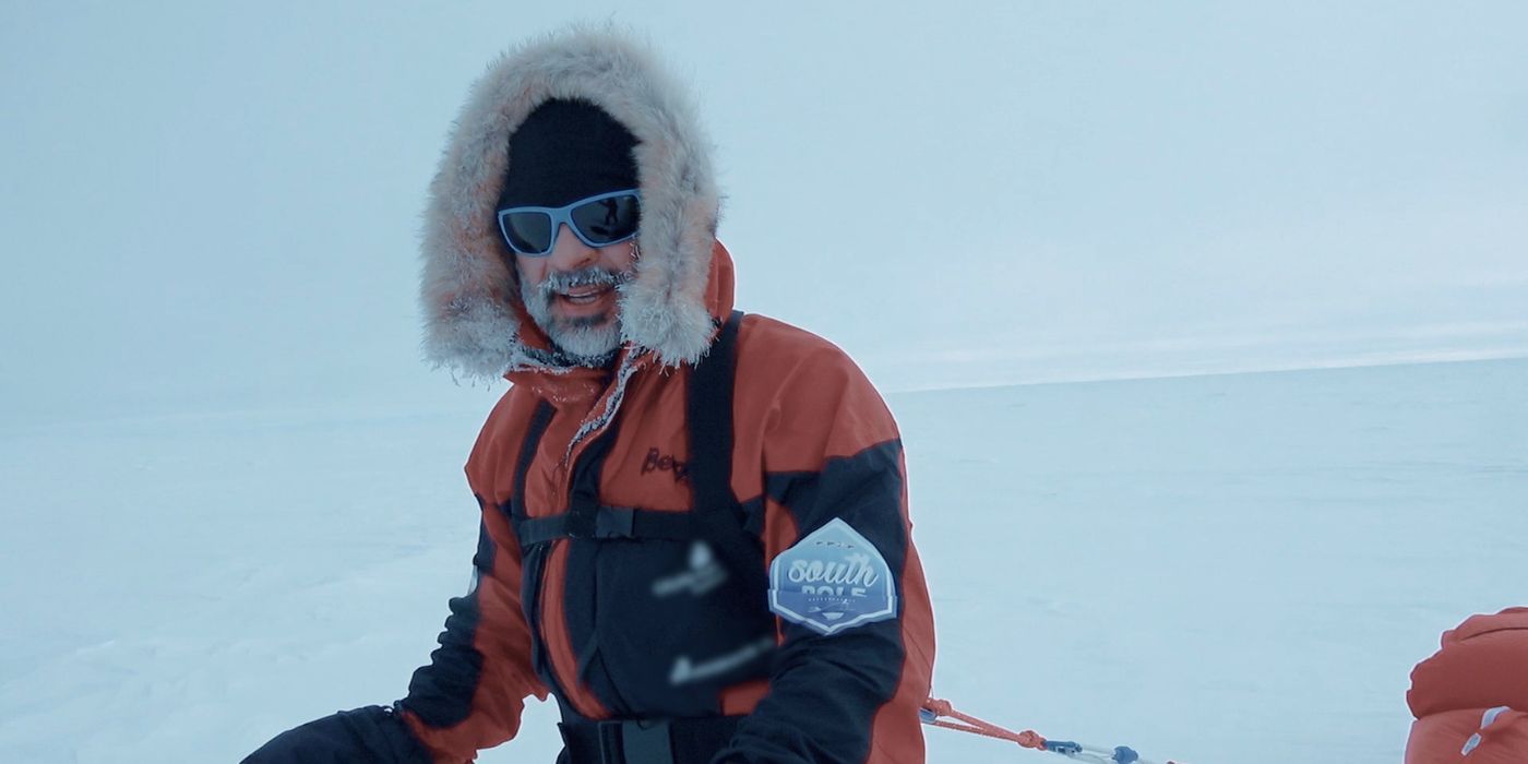 A man in cold gear in the show Antarctica.