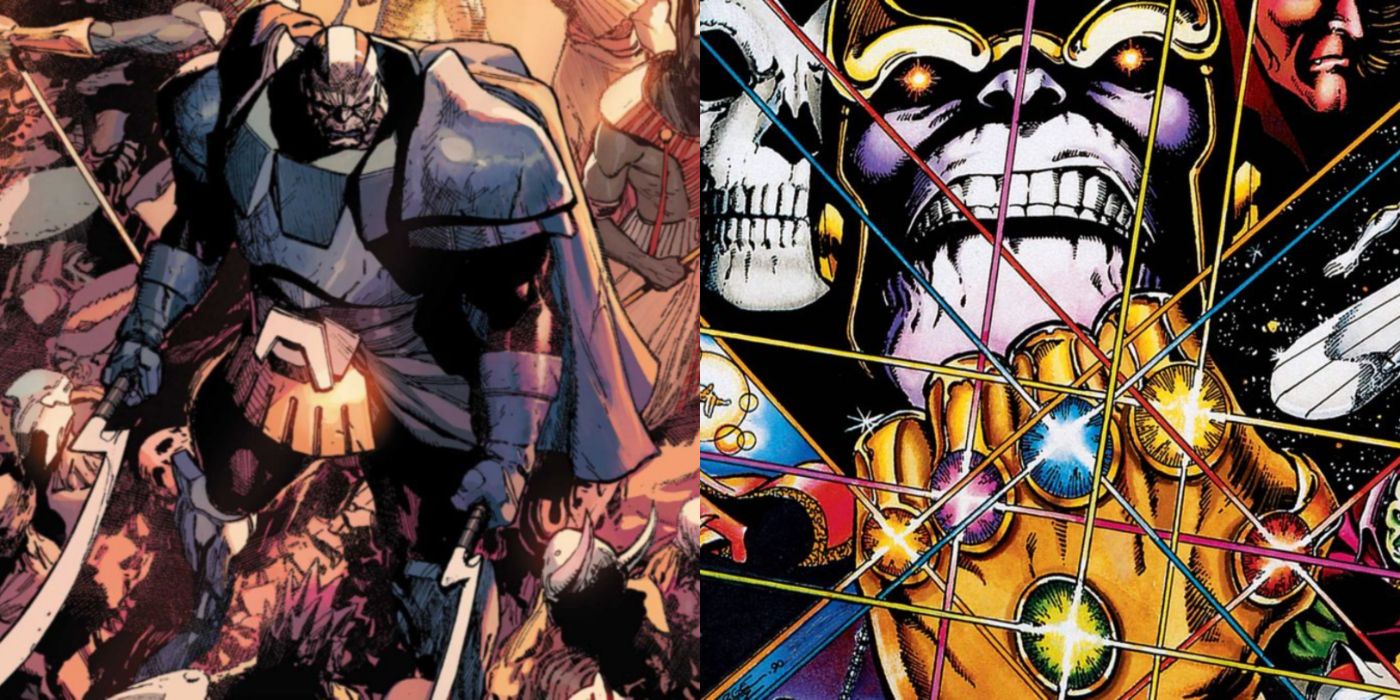 Split image of Apocalypse and Thanos in Marvel's comics.