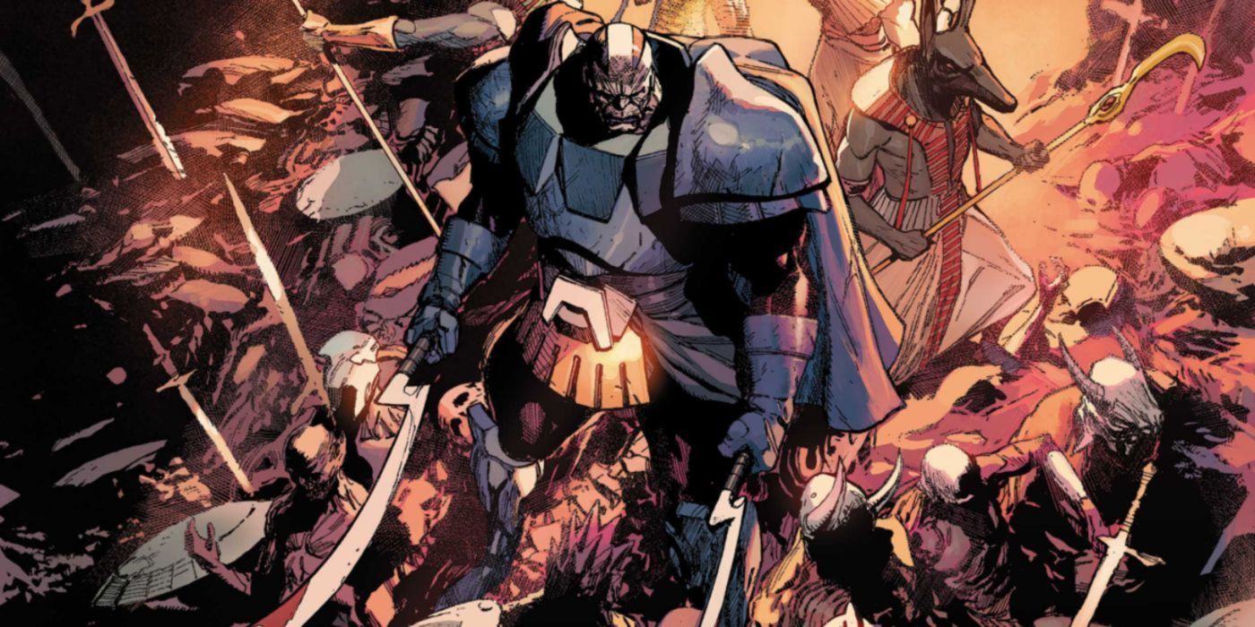 Apocalypse in the comics with his minions standing over the corpses of his enemies.