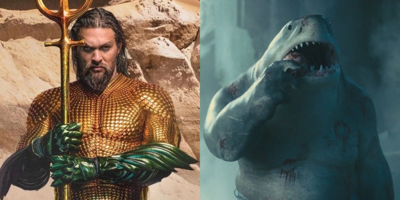Split image of Aquaman and King Shark in the DCEU.