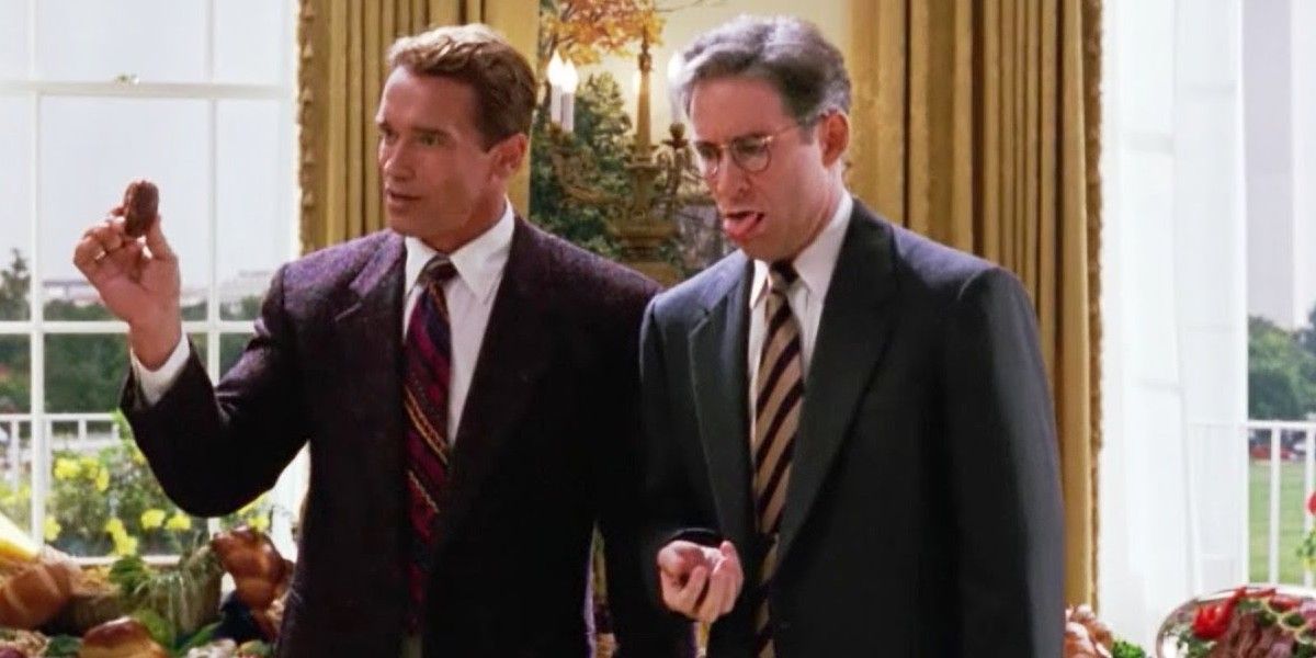 Arnold Schwarzenegger with Kevin Kline in the Oval Office in Dave
