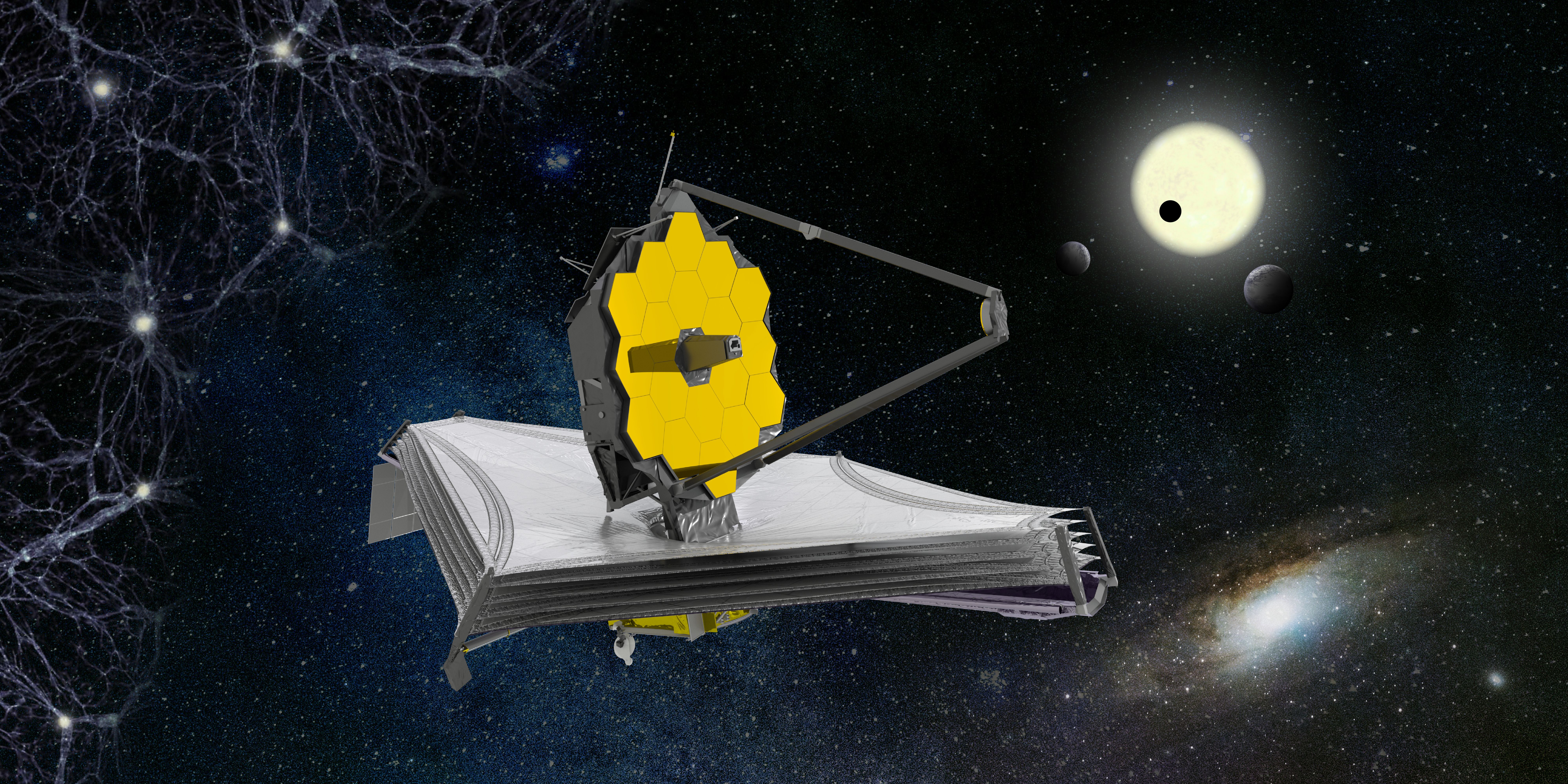 Illustration of JWST deployed before galaxies, a sun, moons, and planets.