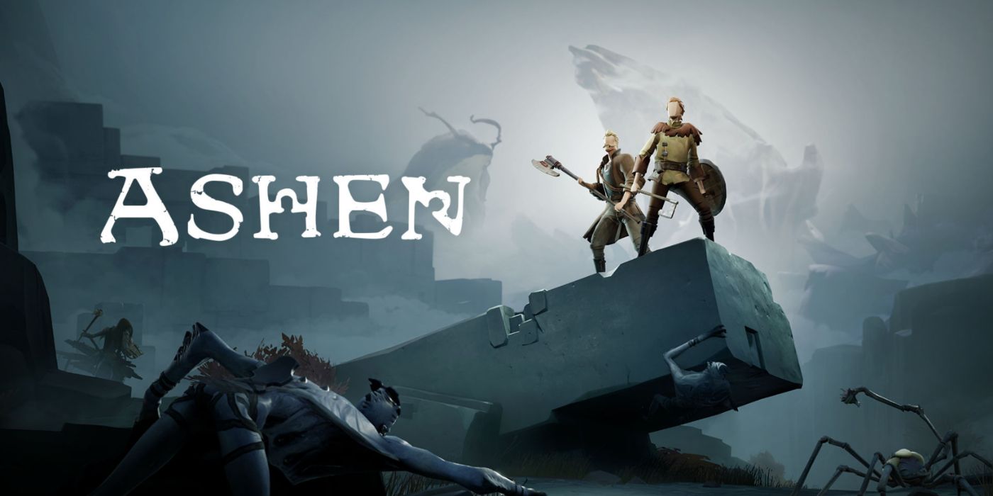 Ashen promo art featuring two minimalist characters fending off monsters.