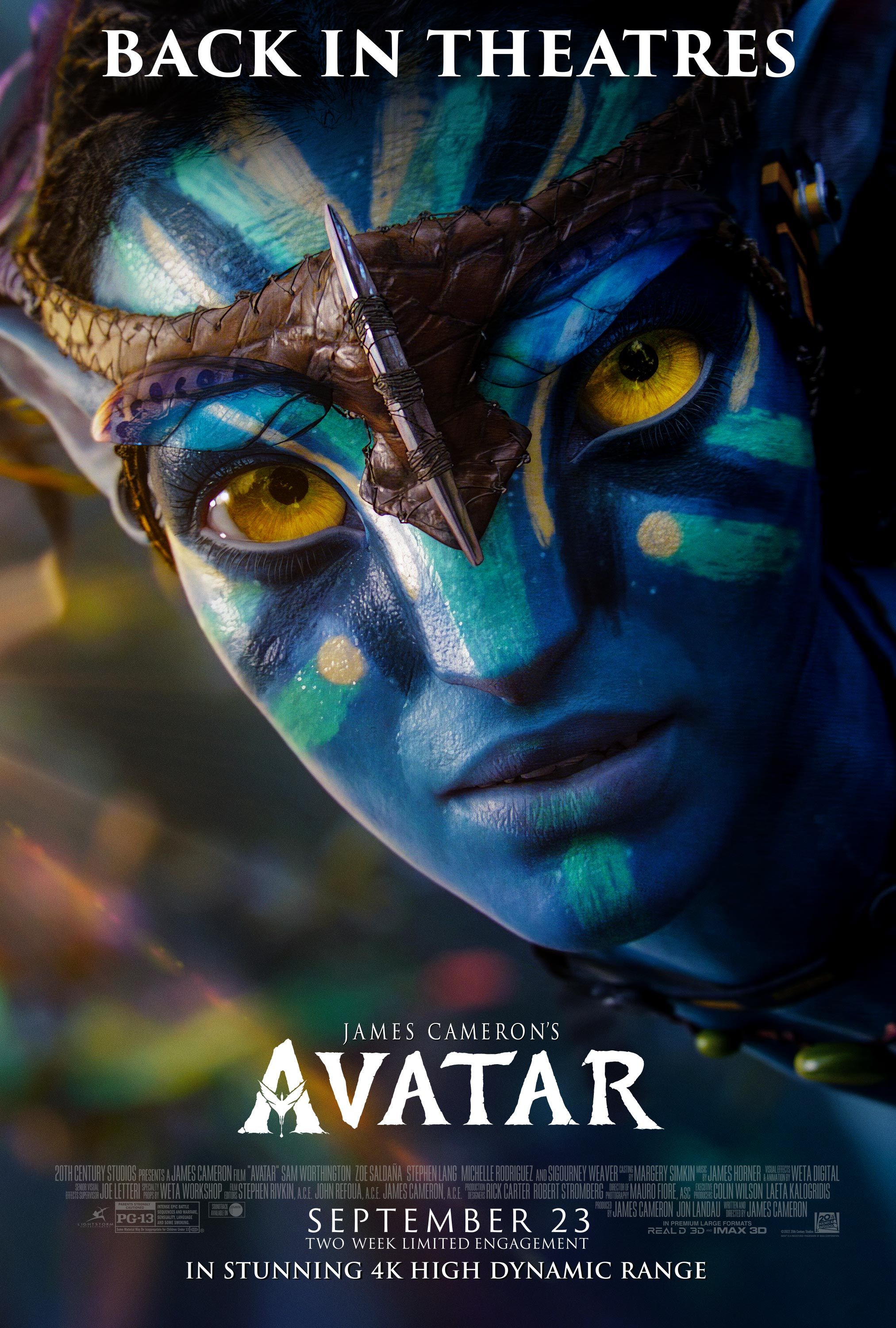 Poster for the September 23, 2022 theatrical re-release of 2009's Avatar. Shows blue face of a Na'vi.