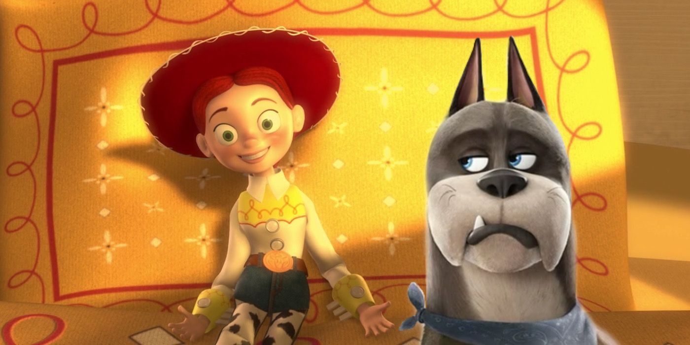 Jessie lies on Emily’s bed in Toy Story 3 with an image of Ace from Super-Pets in front of her