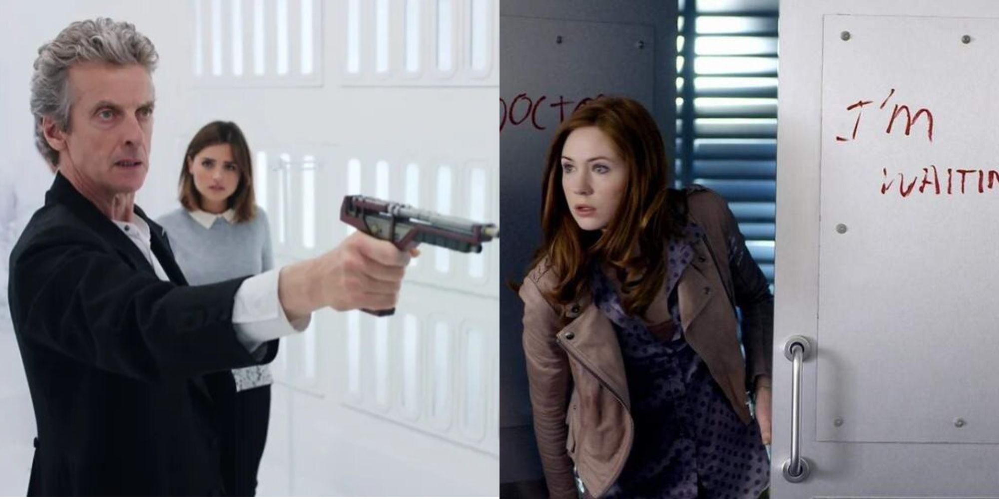 The Twelfth Doctor aims a gun at Amy.