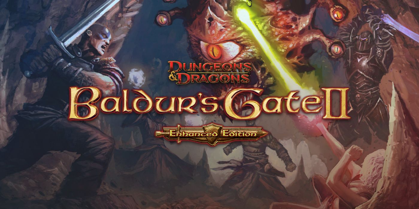 Baldur's Gate 2 Enhanced Edition key art featuring a party of warriors fighting a monster.