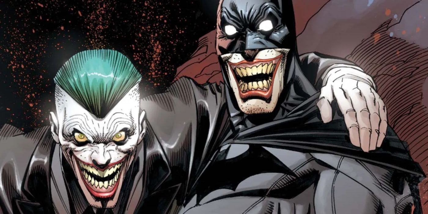Batman: Endgame, Joker (left) with his arm draped around a Jokerized Batman (right)
