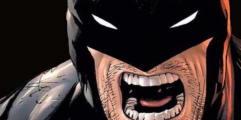 Comic book art: a close up of Batman yelling.