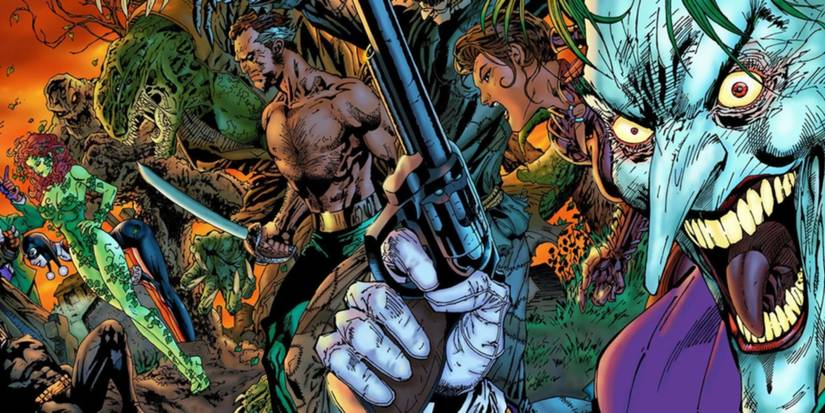 Comic book art: the Joker grins with a gun in front of other Gotham villains.
