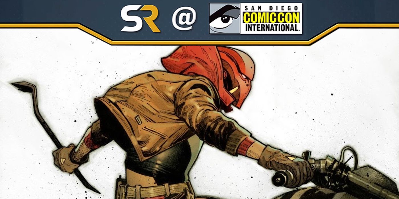 Red Hood from Batman White Knight with the SDCC banner.