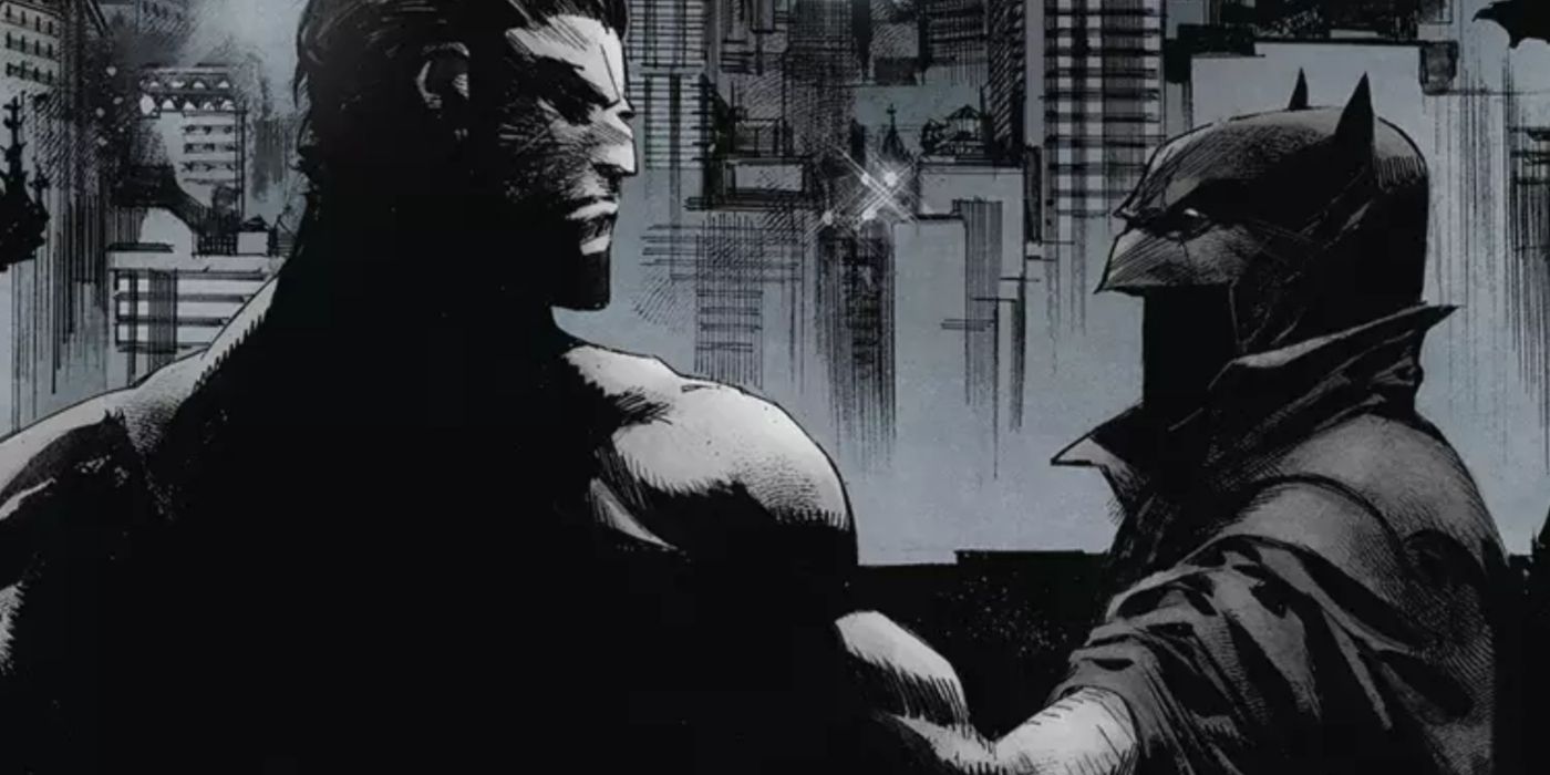 Bruce Wayne holding and looking at his Batman cowl and cape in White Knight.